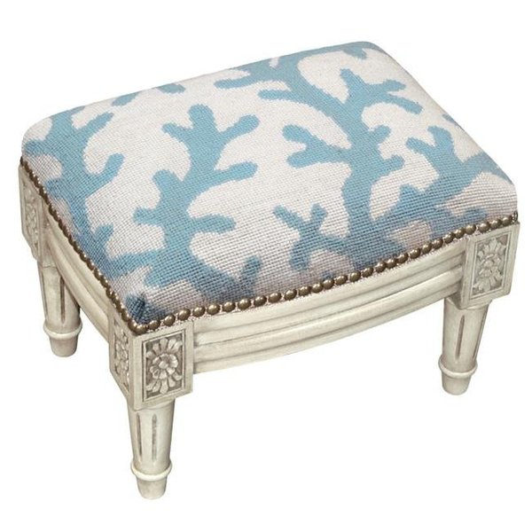 123 Creations 123 Creations C764WFSS 100 Percent Wool Blue Coral Needlepoint Upholstered Solid Wood Footstool - Antique White C764WFSS